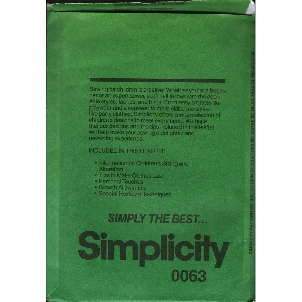 Simplicity Sewing for Children Guide Leaflet 0063 Instructional Booklet Green